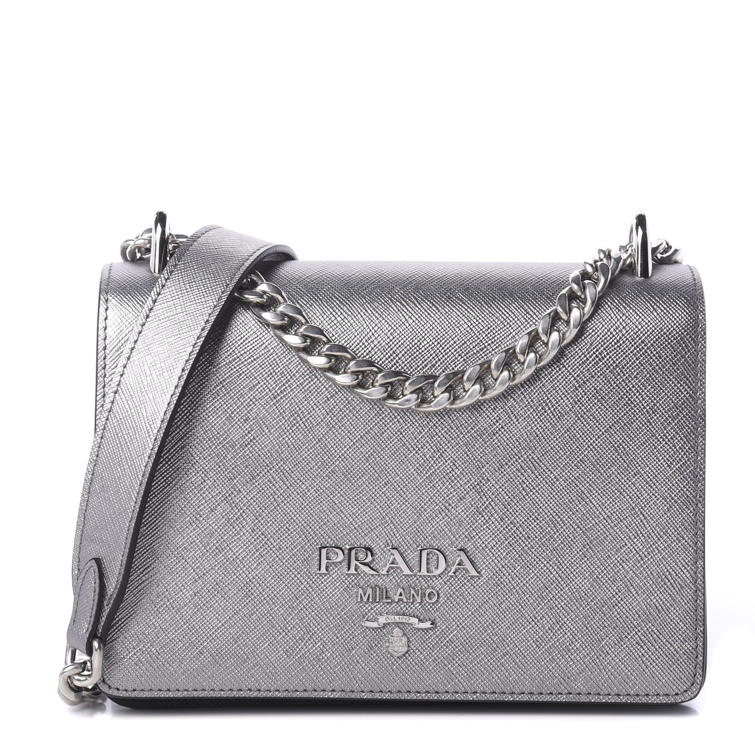 Prada Metallic Saffiano Soft Chain Shoulder Bag Silver 1 of 8