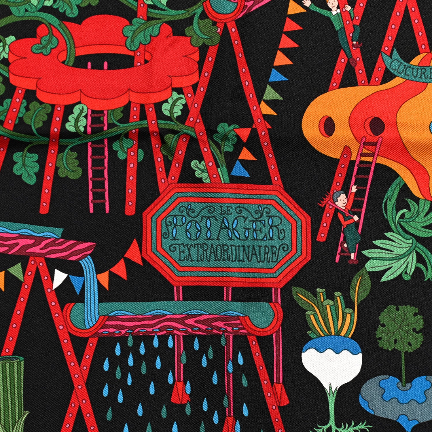 Hermes Silk Le Potager Extraordinaire Scarf 90 Black Rouge Vert