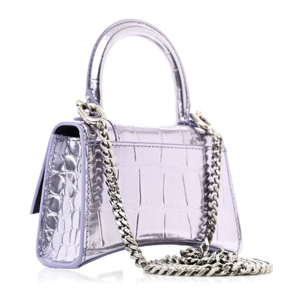 Balenciaga Metallic Calfskin Crocodile Embossed Hourglass Top Handle Bag Mini with Chain Lilac 3 of 11