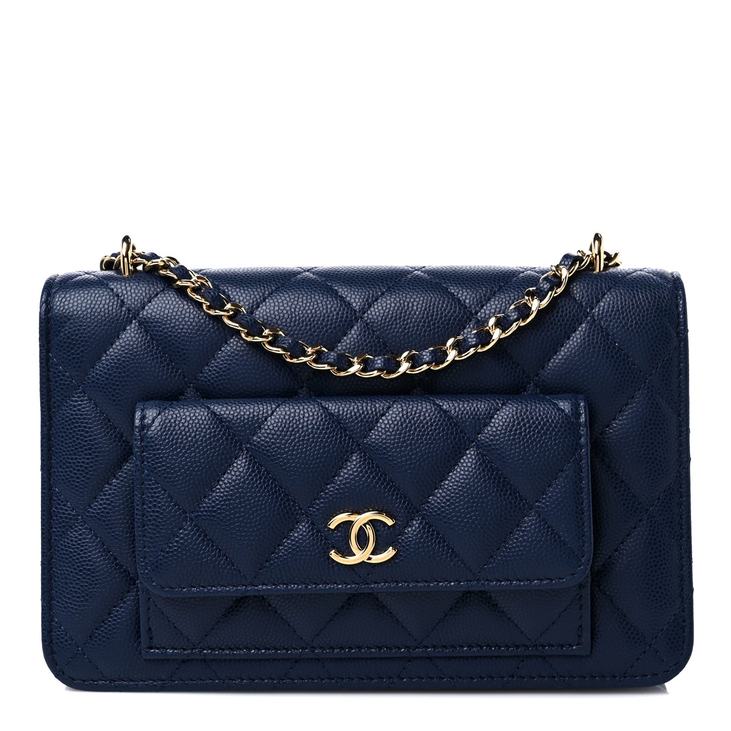 Caviar Quilted Pocket Clutch With Chain WOC Navy Blue