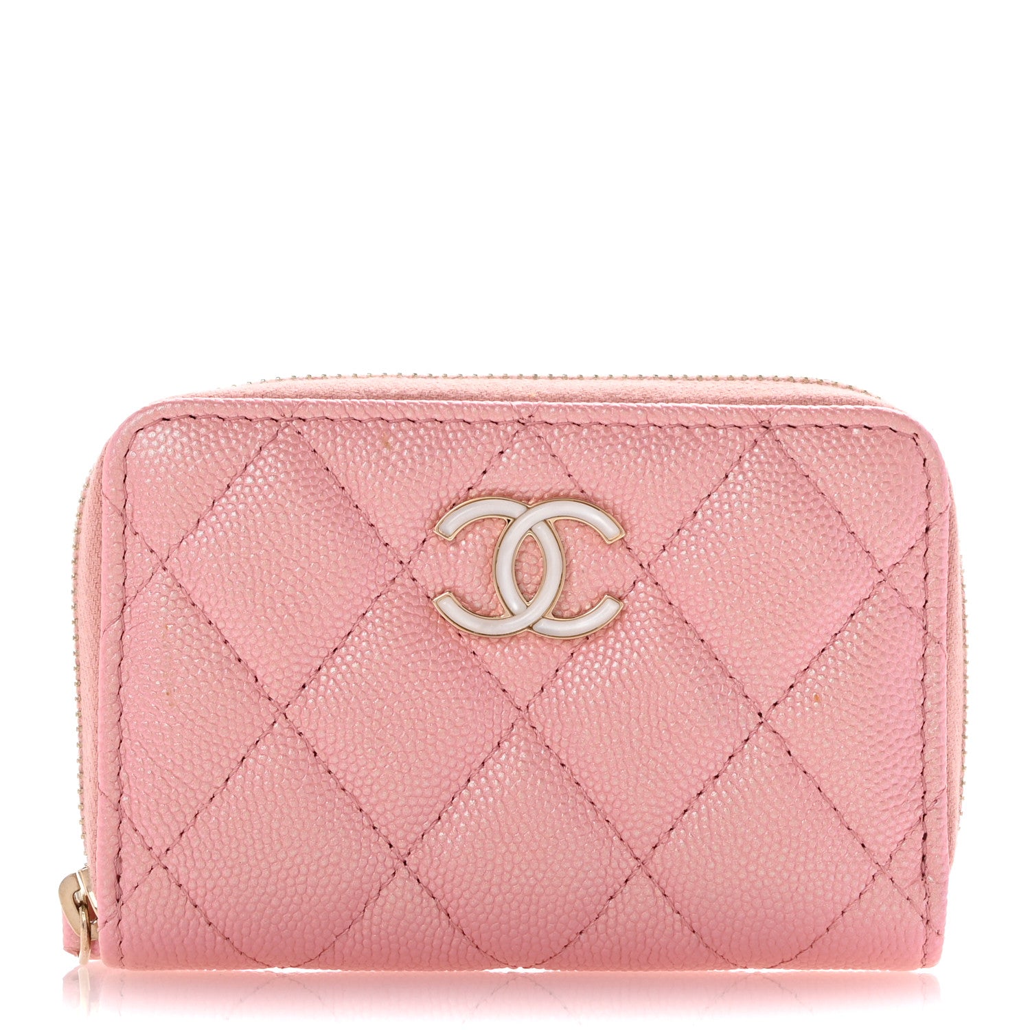 FASHIONPHILE Iridescent Caviar Quilted Zip Coin Purse Pink 1 of 9