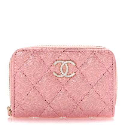 FASHIONPHILE Iridescent Caviar Quilted Zip Coin Purse Pink 1 of 9