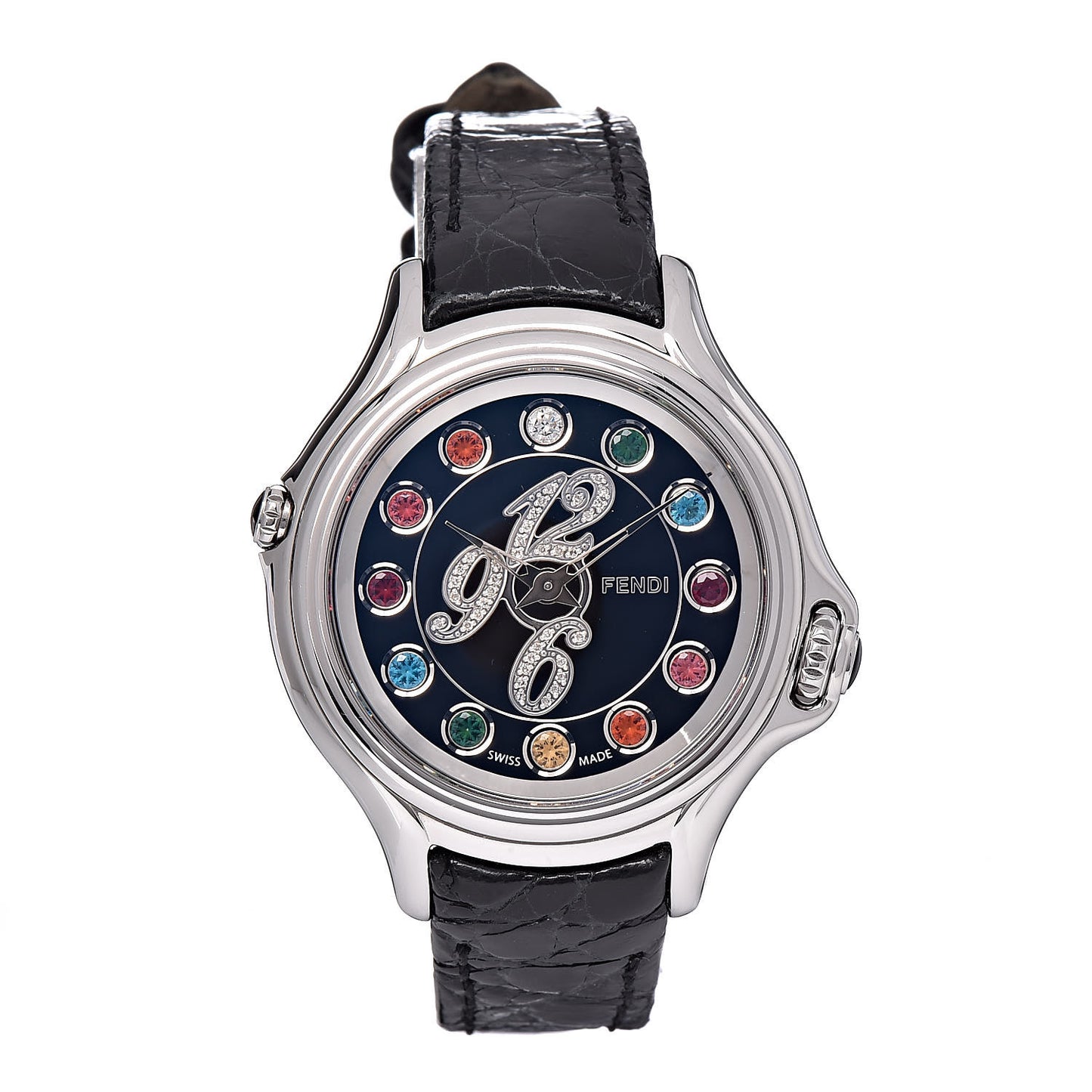 Stainless Steel Calfskin Diamond Topaz 33mm Crazy Carats Rotating Gem Quartz Watch Black