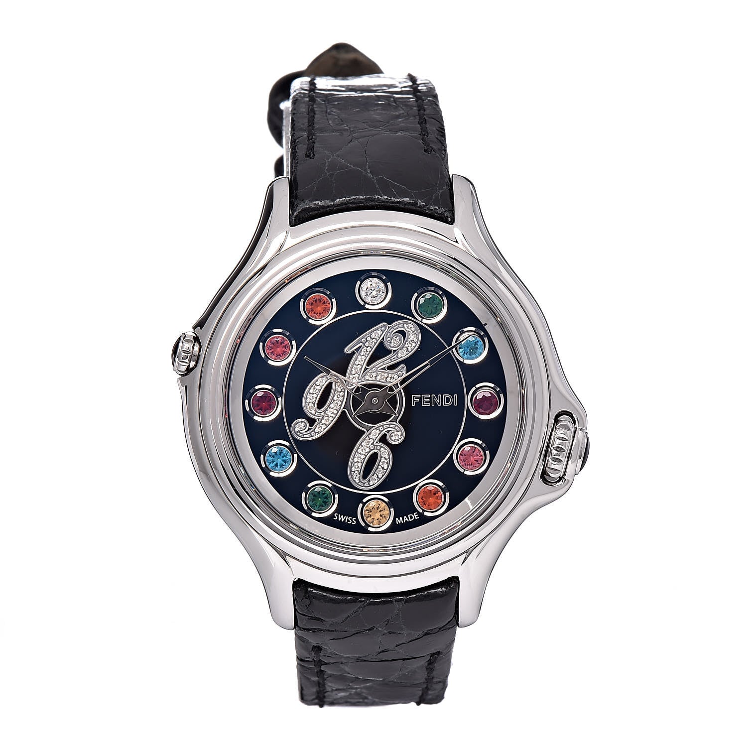 Fendi Stainless Steel Calfskin Diamond Topaz 33mm Crazy Carats Rotating Gem Quartz Watch Black 1 of 11