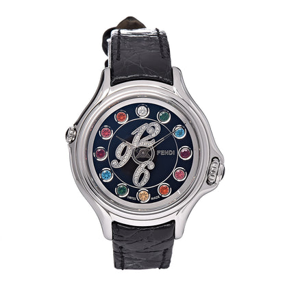 Fendi Stainless Steel Calfskin Diamond Topaz 33mm Crazy Carats Rotating Gem Quartz Watch Black 1 of 11
