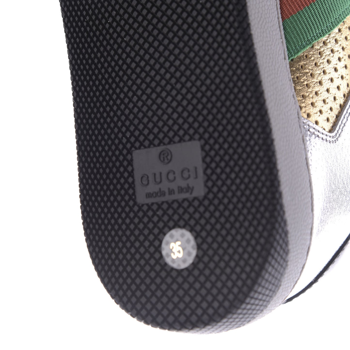 Metallic Calfskin Web Womens Screener Sneakers 35 Silver Gold Black