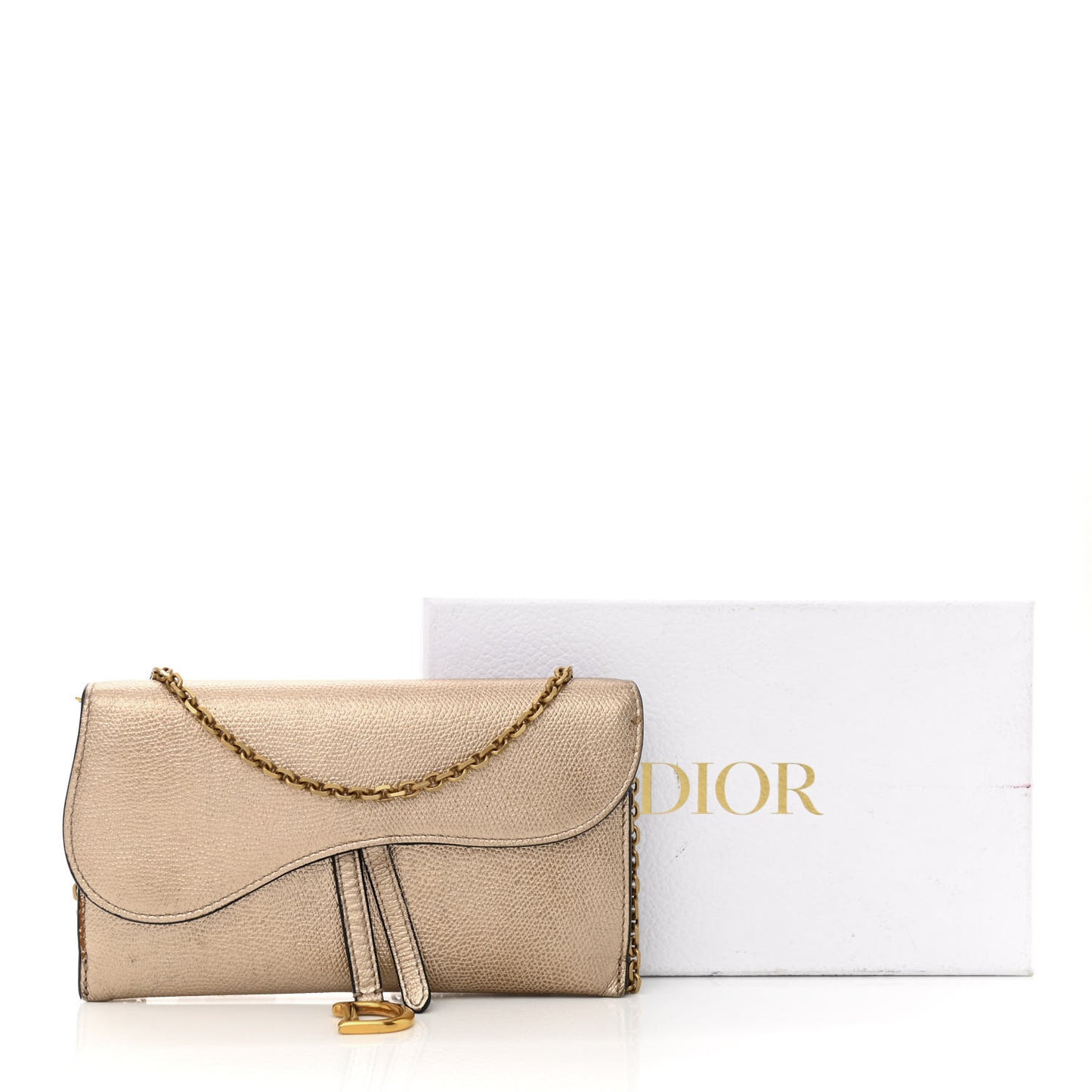 Metallic Grained Calfskin Saddle Chain Wallet Pouch