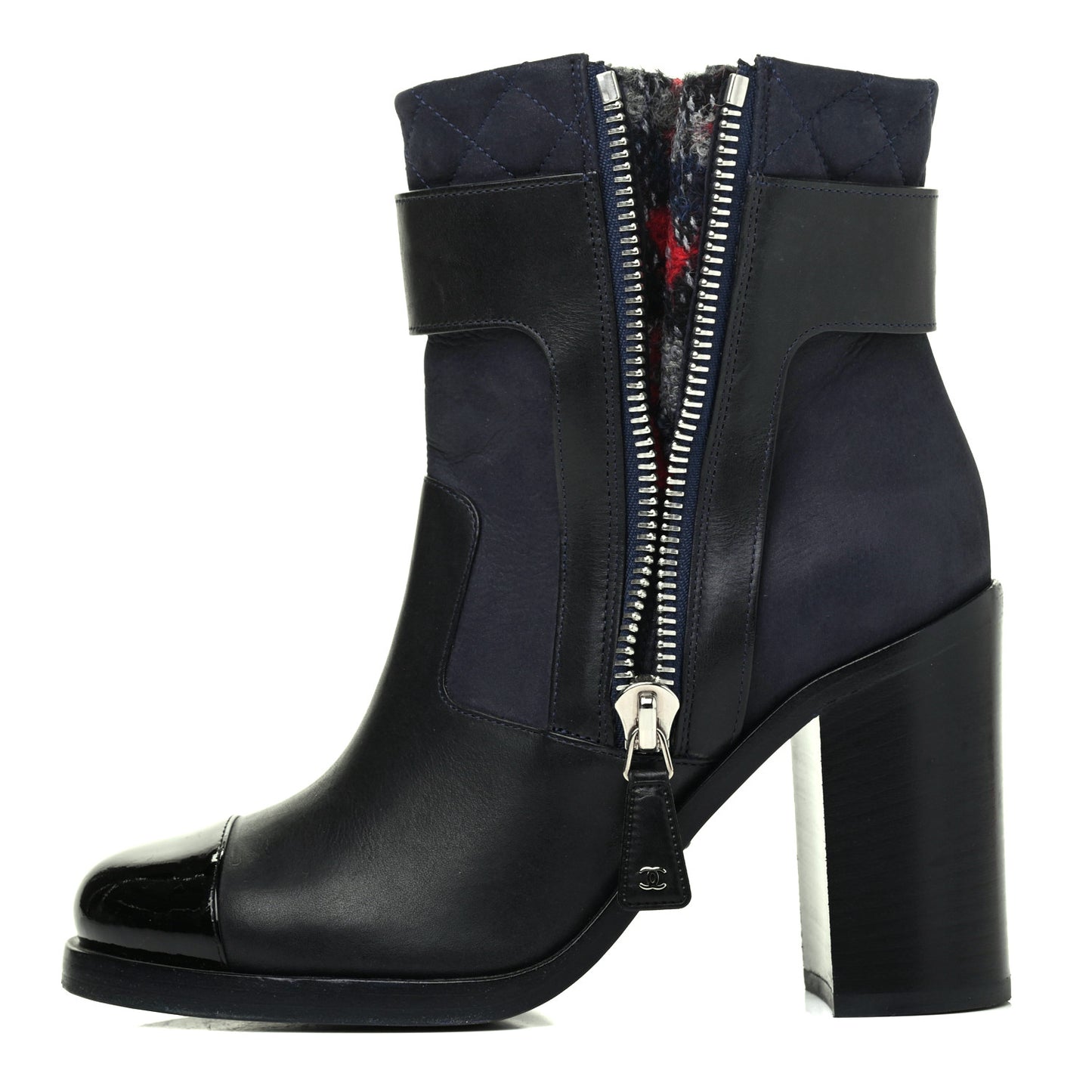 Calfskin Patent Cap Toe Short Ankle Boots 38 Navy Black