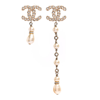 Chanel Crystal Pearl CC Drop Earrings Gold 1 of 4