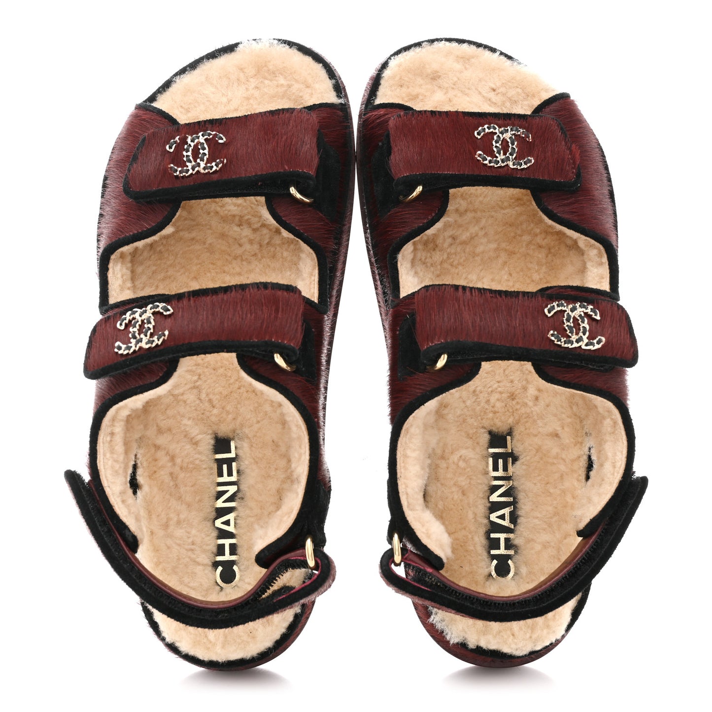 Calf Hair Suede Shearling Dad Sandals 36 Burgundy Black