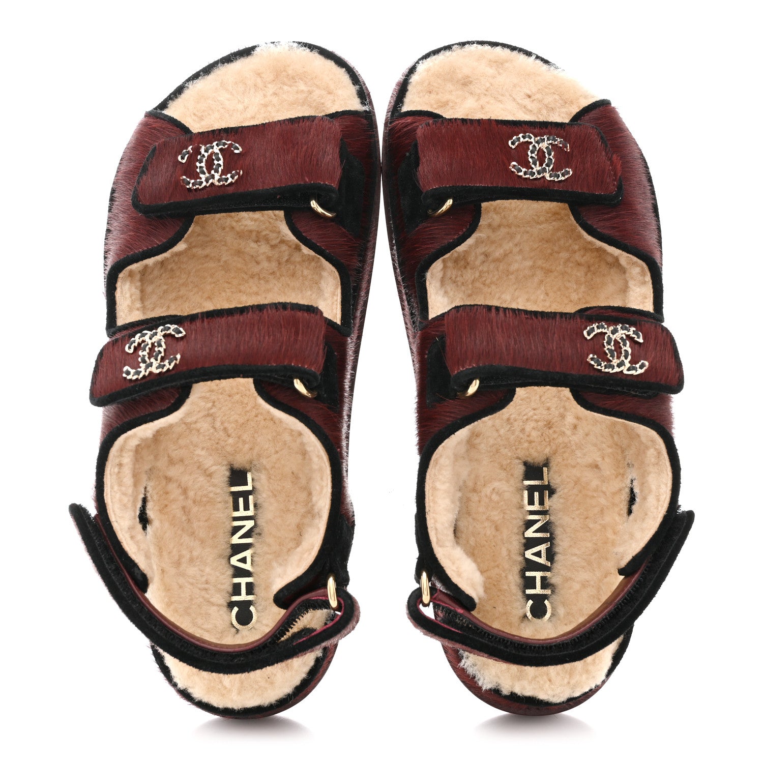 Chanel Calf Hair Suede Shearling Dad Sandals 36 Burgundy Black 2 of 10