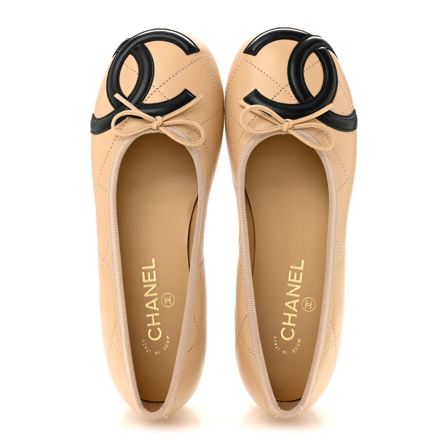 Lambskin Quilted CC Cambon Ballet Flats 40 Beige Black