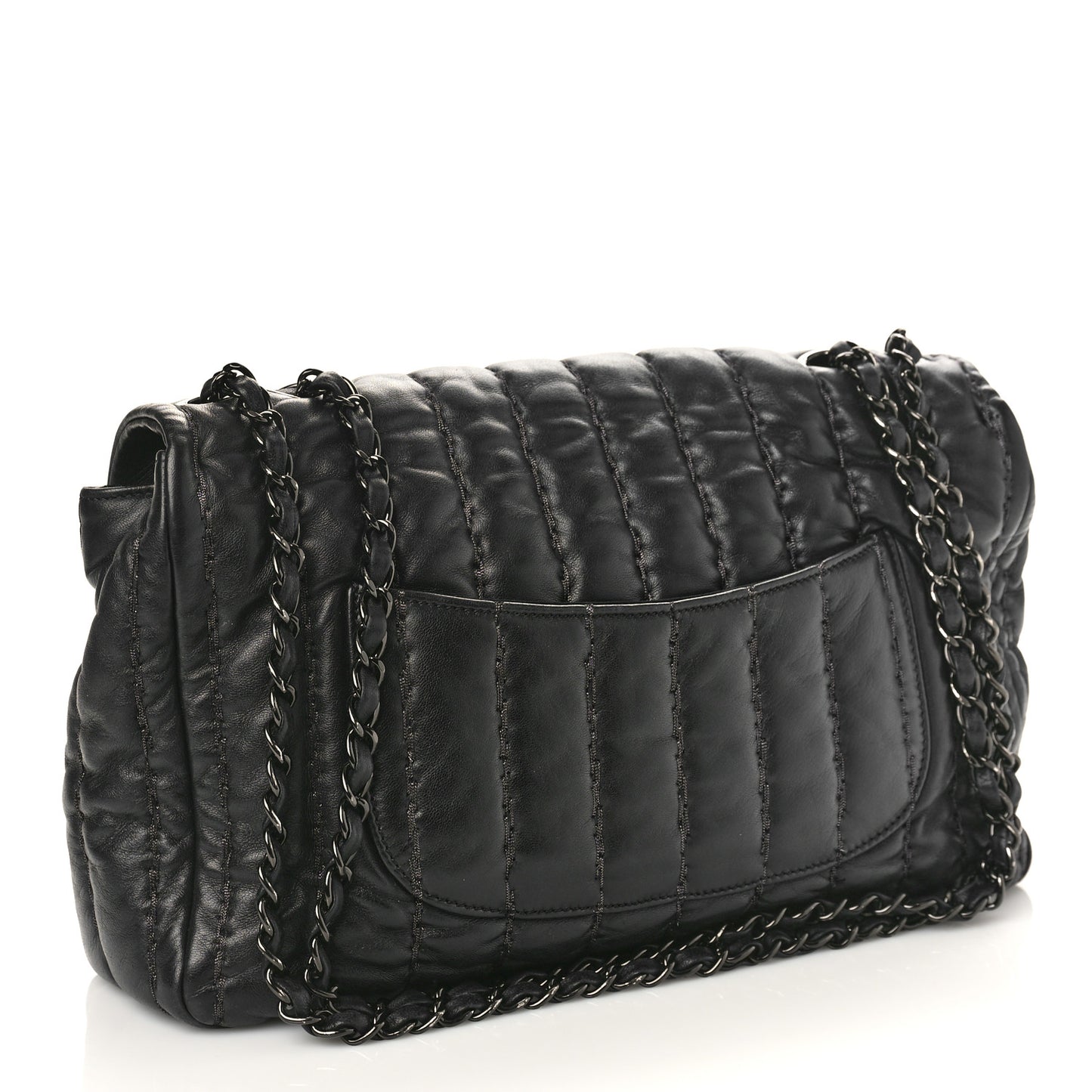 Lambskin Vertical Stitch Jumbo Single Flap Black