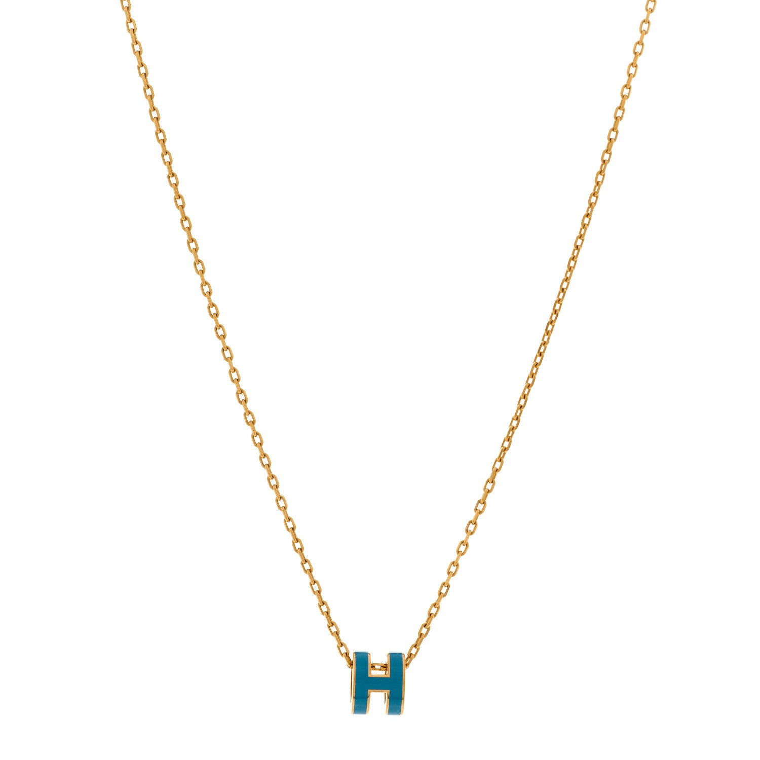 Hermes Lacquered Gold Mini Pop H Pendant Necklace Bleu Jean 1 of 6