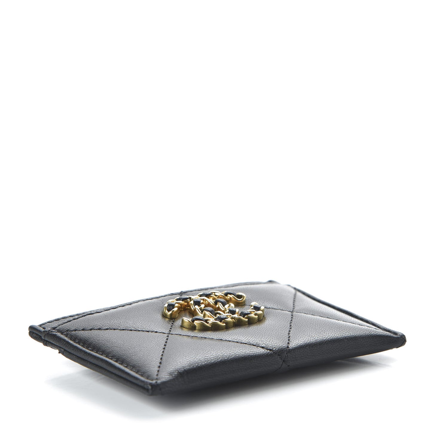 Shiny Goatskin Quilted Chanel 19 Card Holder Black