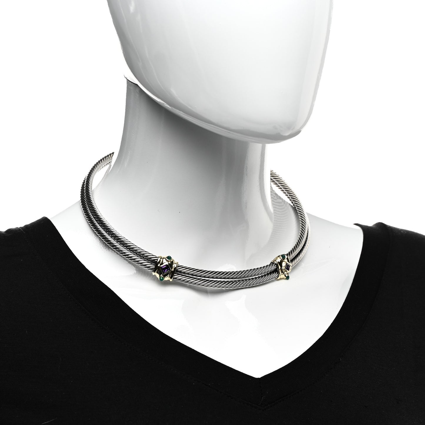 Sterling Silver 14K Yellow Gold Amethyst Green Onyx Renaissance Cable Choker Necklace
