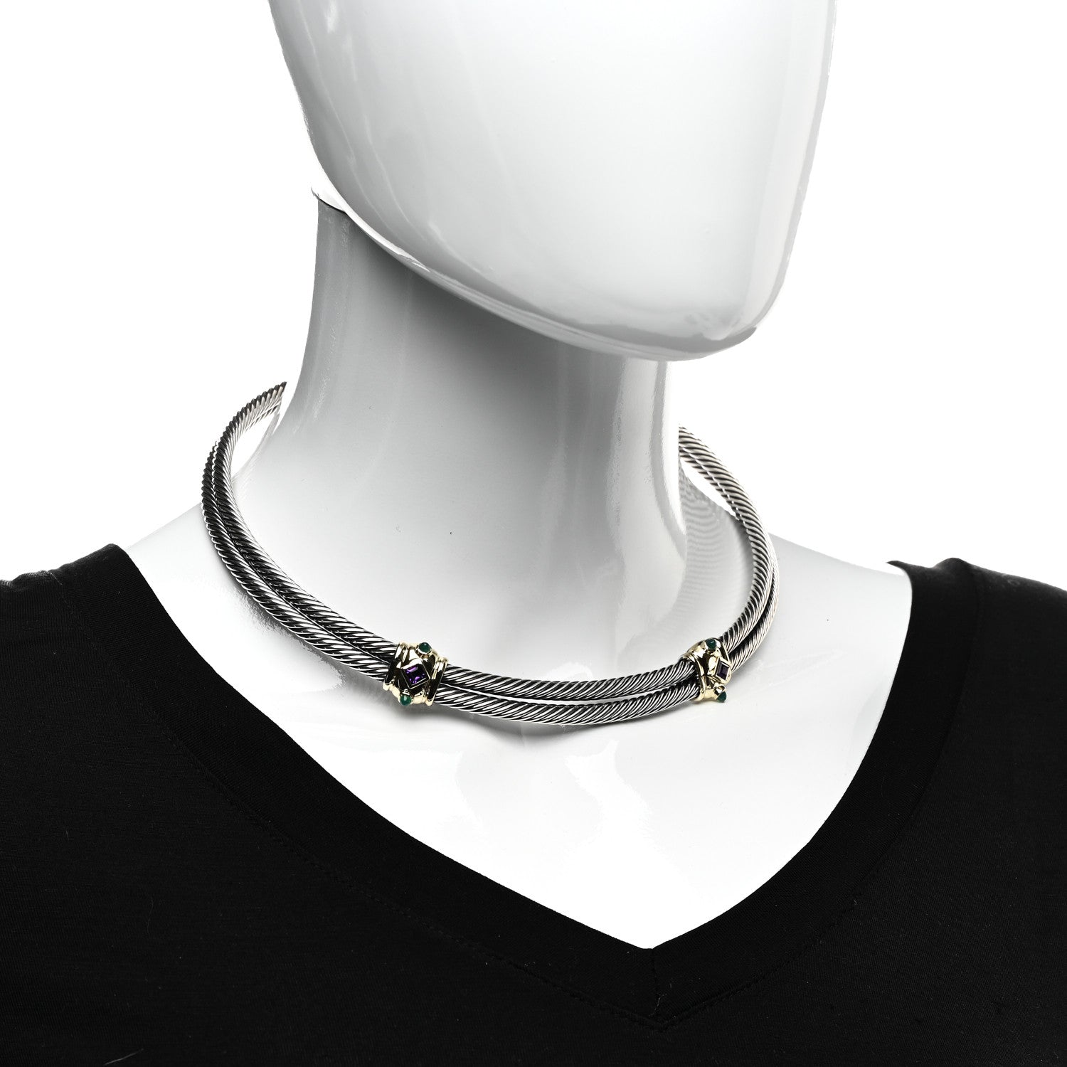 David Yurman Sterling Silver 14K Yellow Gold Amethyst Green Onyx Renaissance Cable Choker Necklace 2 of 4