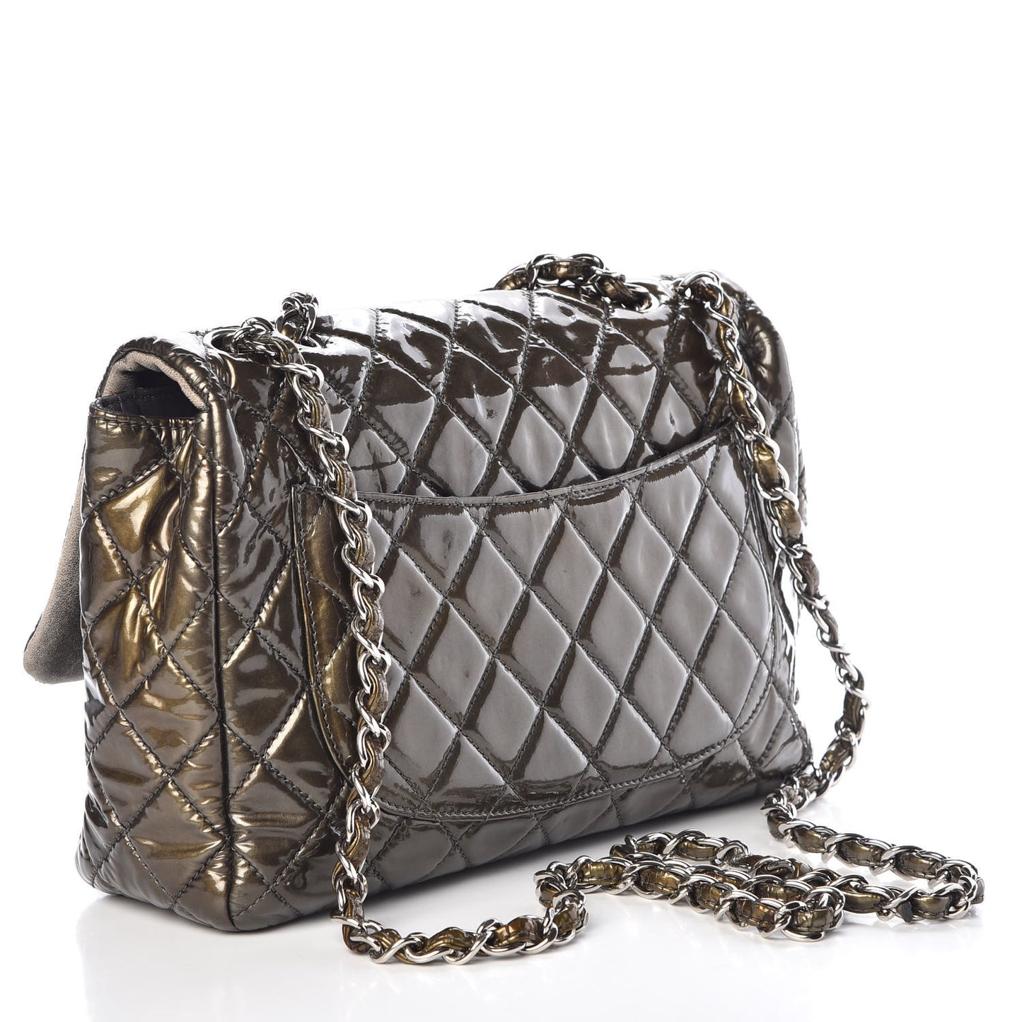 Metallic Patent Quilted Jumbo Single Flap Green