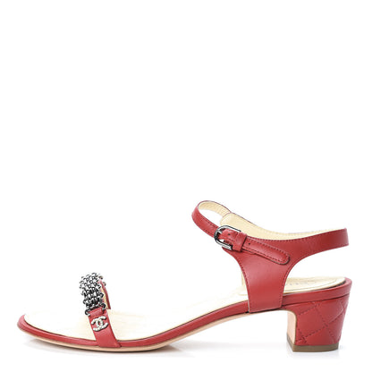 Chanel Lambskin CC Pearl Chain Sandals 38.5 Red 1 of 9