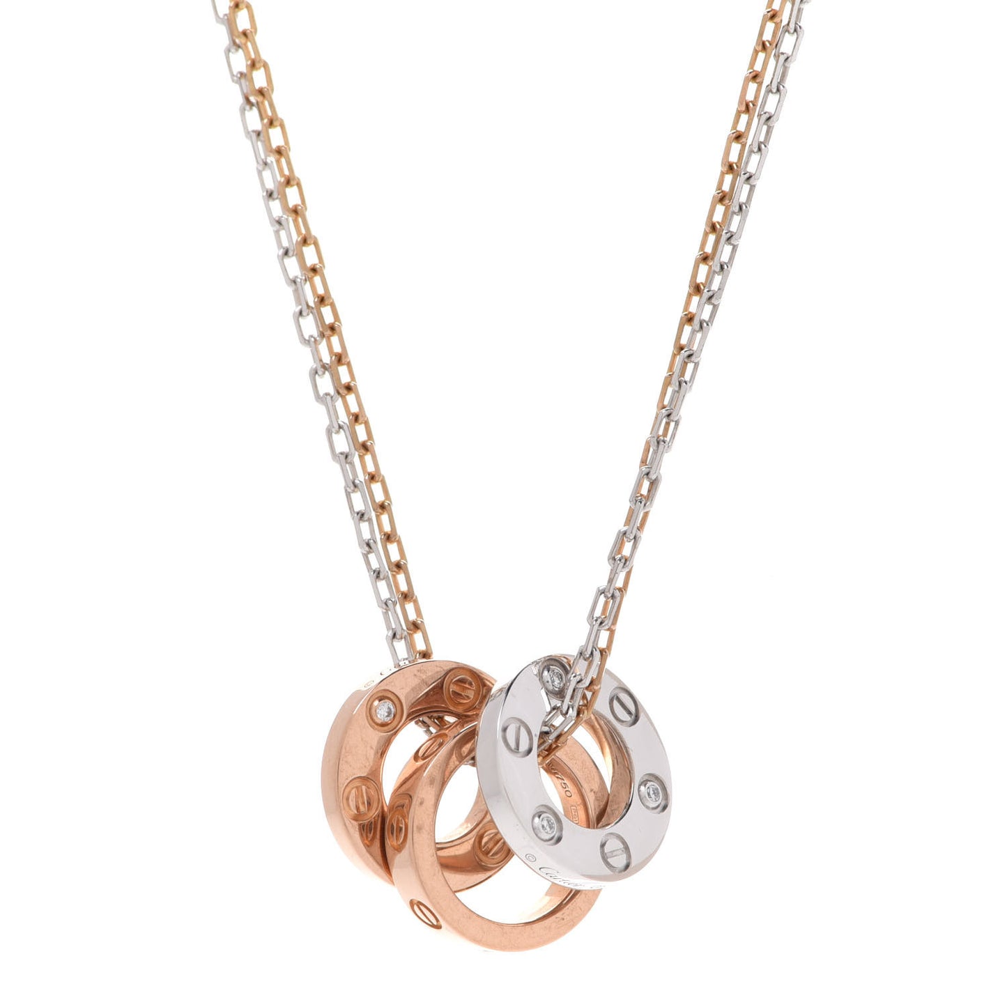 18K White Pink Gold Diamond Three Ring LOVE Pendant Necklace