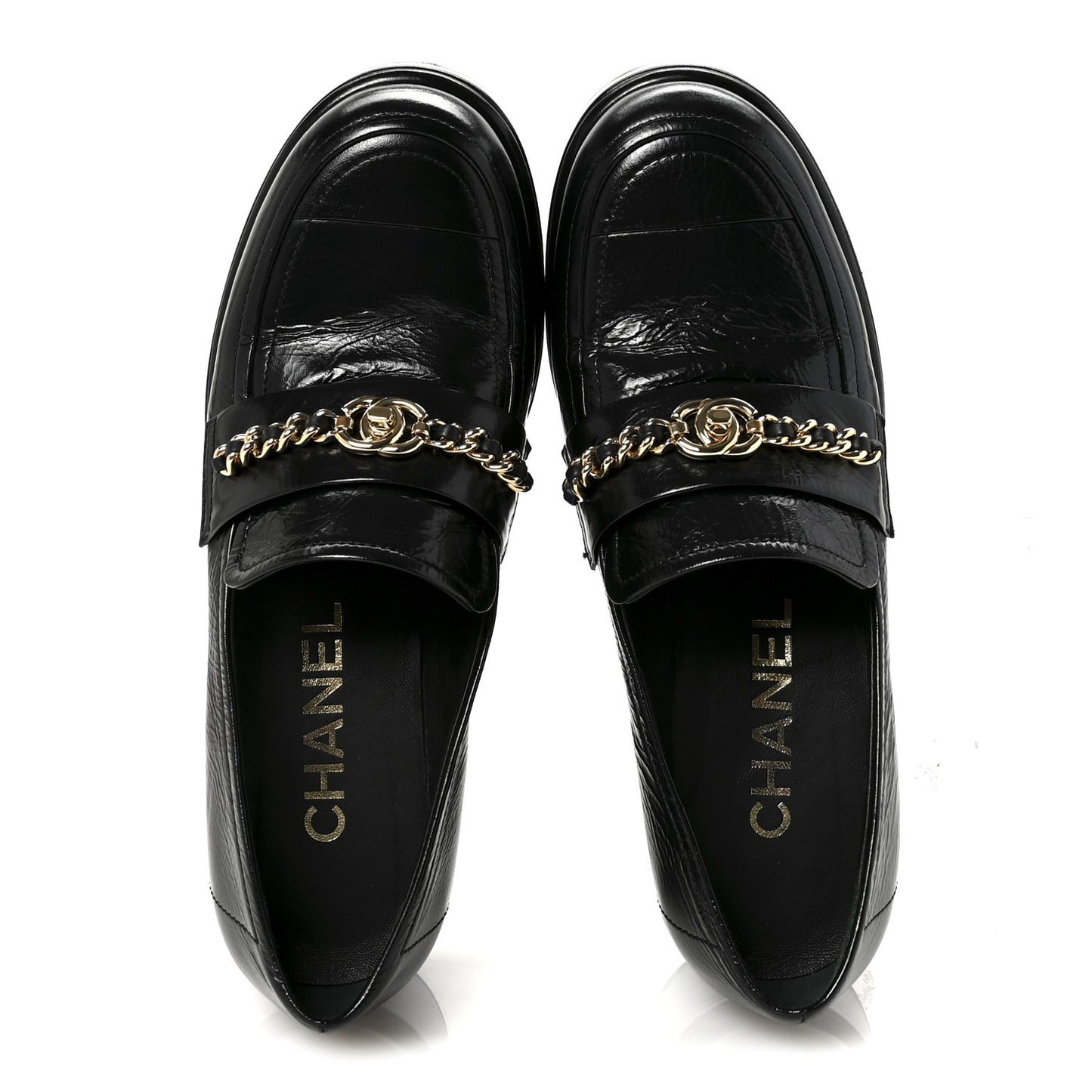 Shiny Calfskin Logo Platform Loafers 37.5 Black