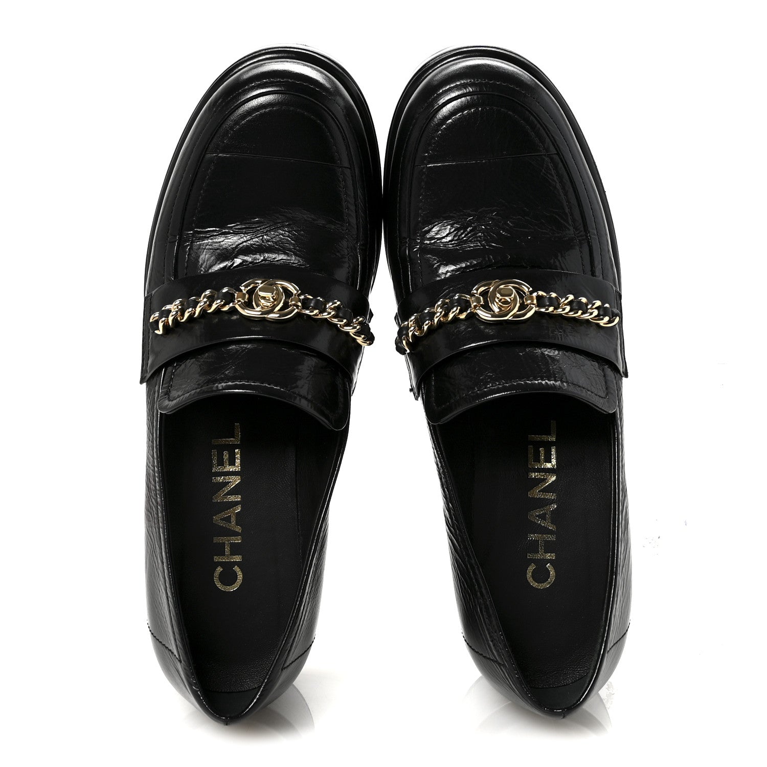 Chanel Shiny Calfskin Logo Platform Loafers 37.5 Black 2 of 9