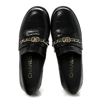 Chanel Shiny Calfskin Logo Platform Loafers 37.5 Black 2 of 9