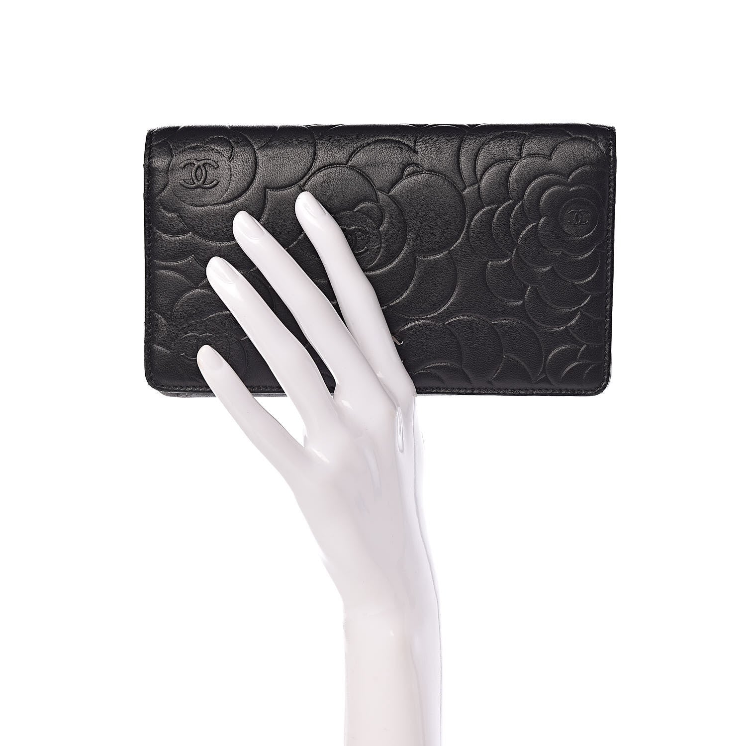 Chanel Lambskin Camellia Embossed Yen Wallet Black 2 of 9