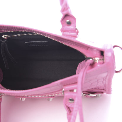 Balenciaga Shiny Supple Calfskin Crocodile Embossed Classic Silver Hardware Mini City Baby Pink 6 of 11