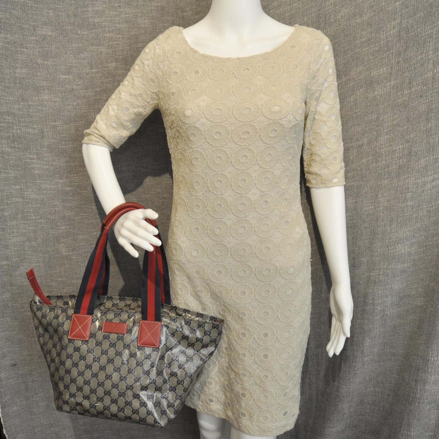 Crystal Monogram Medium Web Handle Bucket Tote Navy