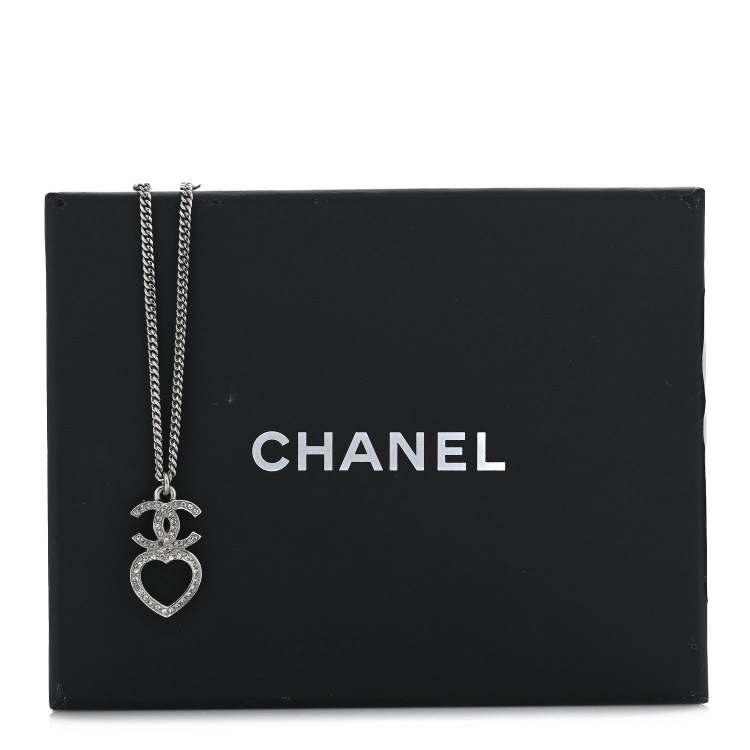 Chanel Crystal CC Heart Drop Chain Necklace Silver 5 of 5