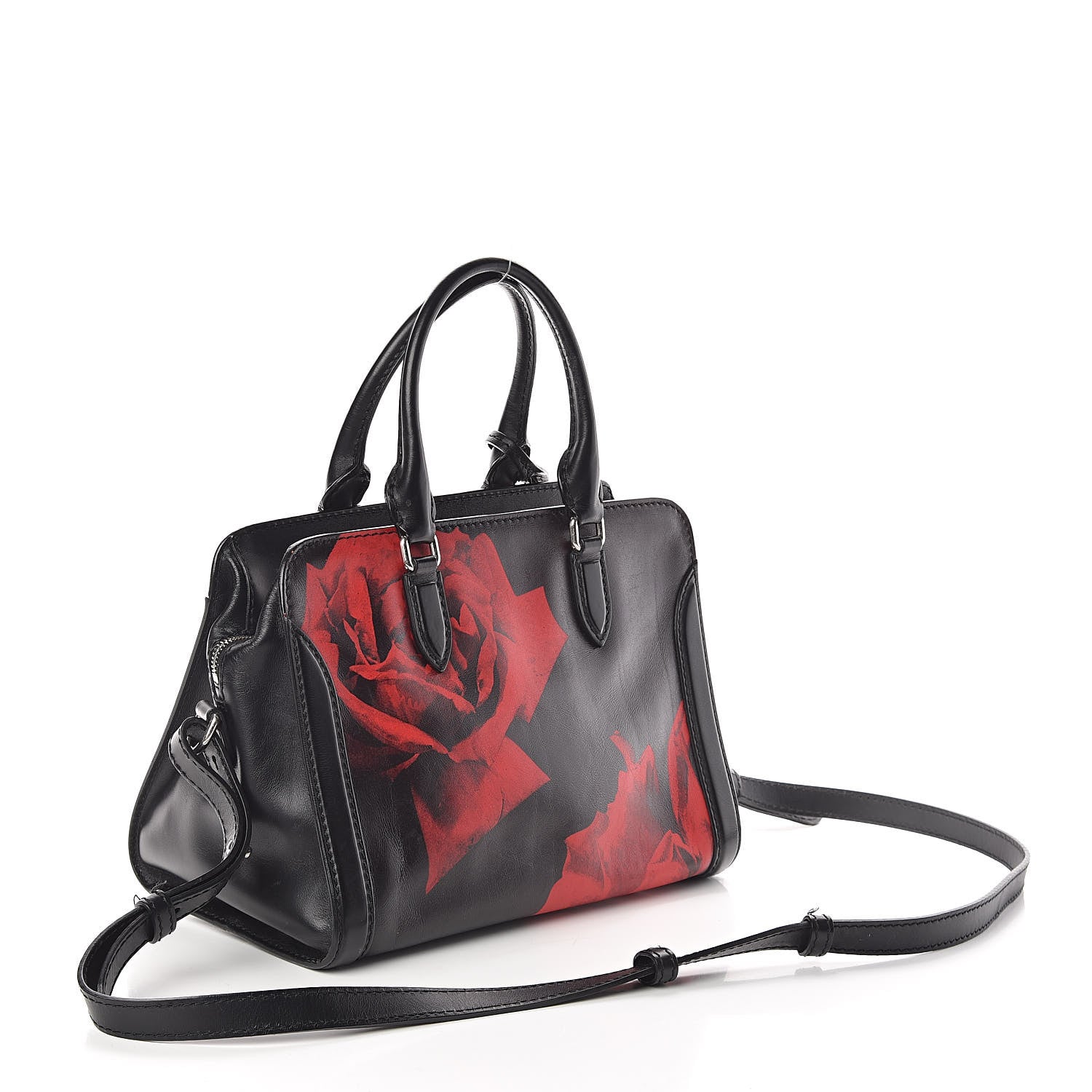Alexander McQueen Calfskin Rose Printed Small Skull Padlock Zip Around Tote Black 3 of 11