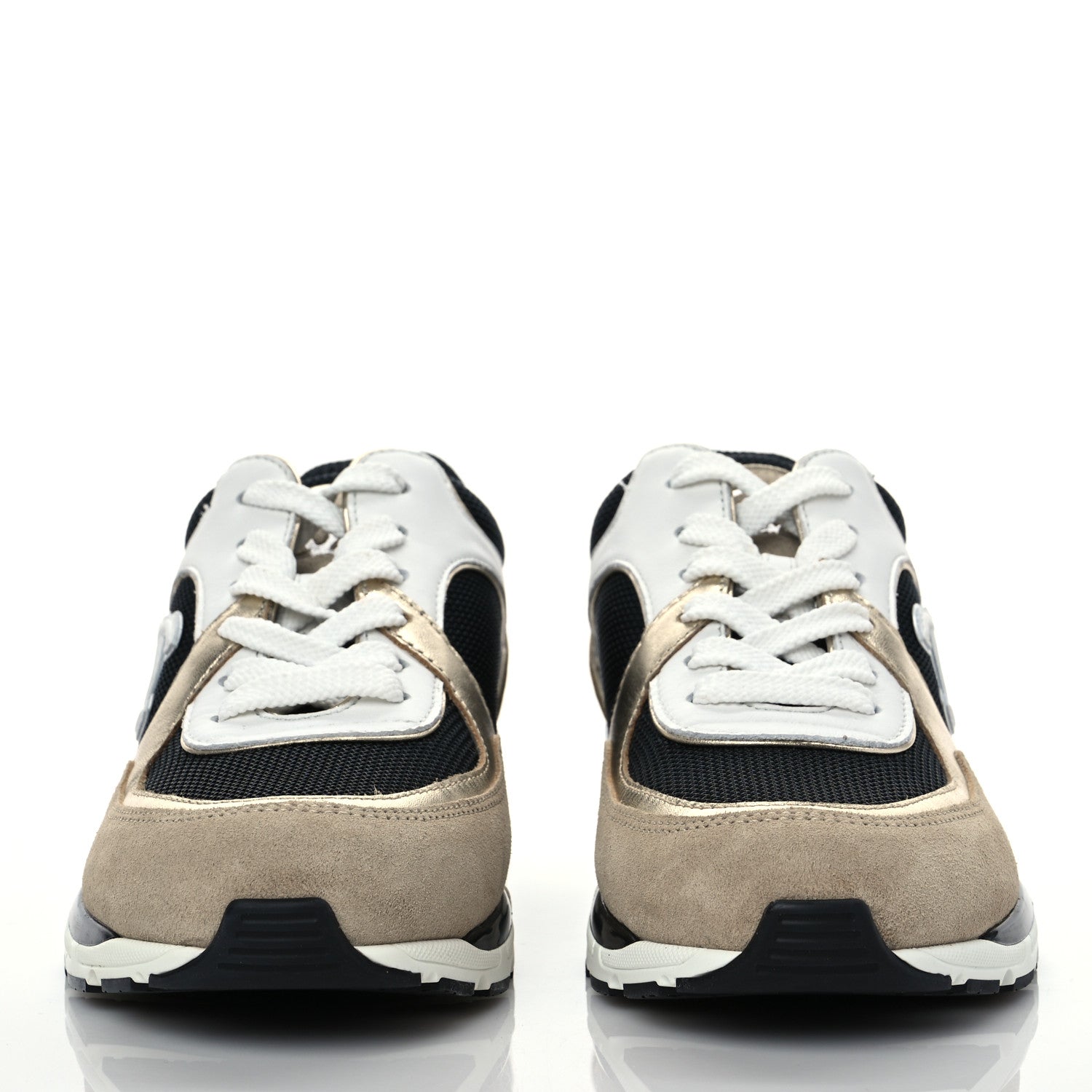Chanel Mesh Suede Calfskin Womens CC Sneakers 35.5 White Black Beige Gold 3 of 9