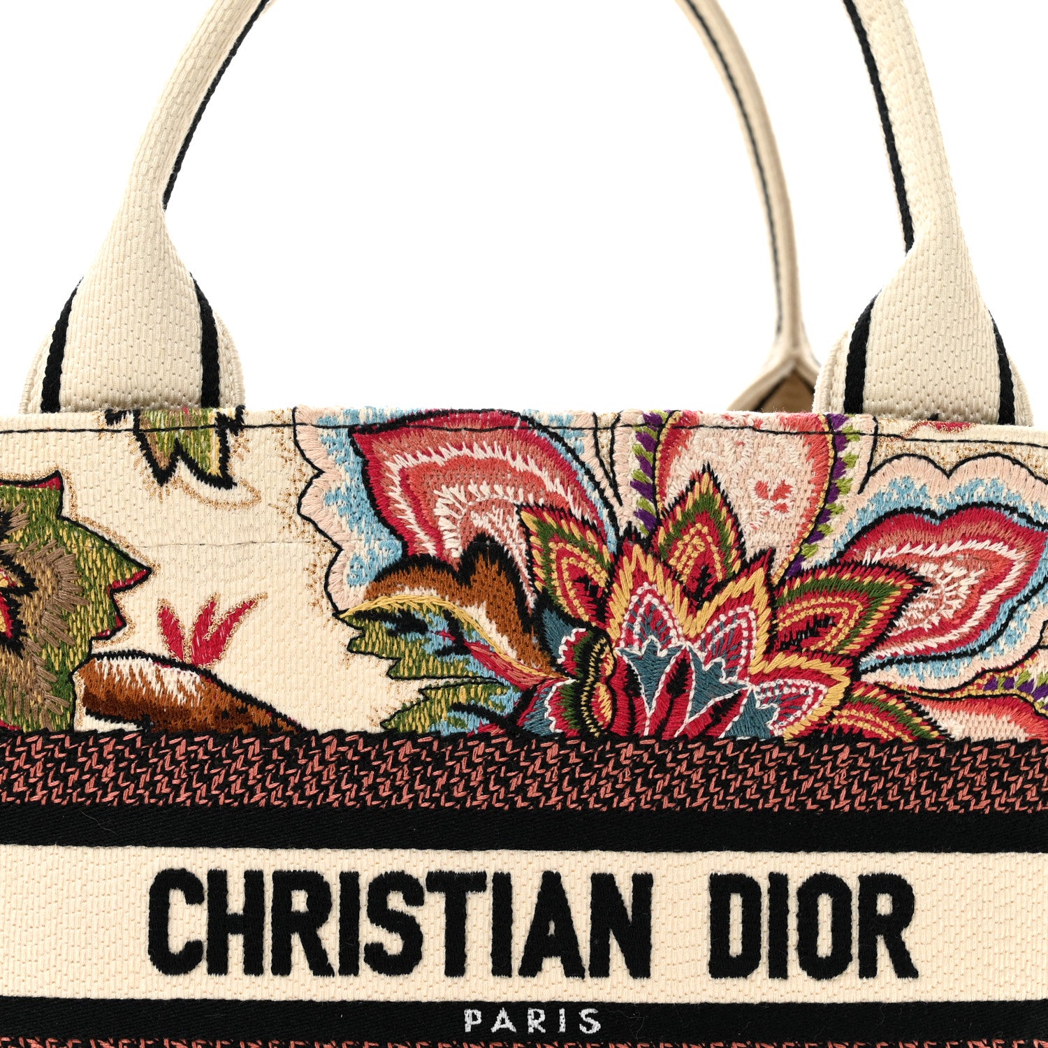 Christian Dior Canvas Embroidered Floral Panier Chapeau Tote White Multicolor 9 of 12