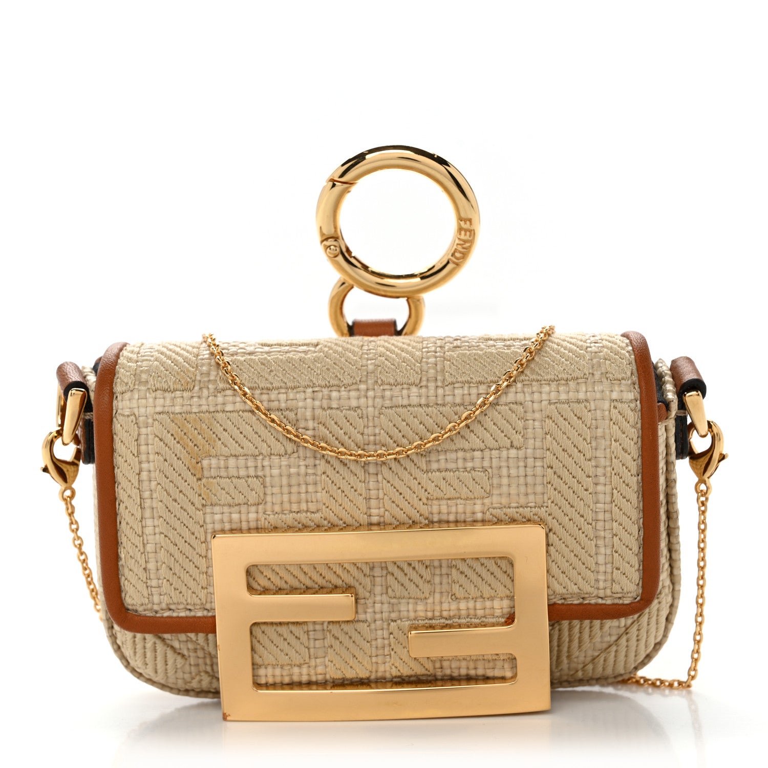 Fendi Raffia Vitello King Lucido FF Embroidered Nano Maxi Buckle Baguette Charm Alchemy Brandy 1 of 12