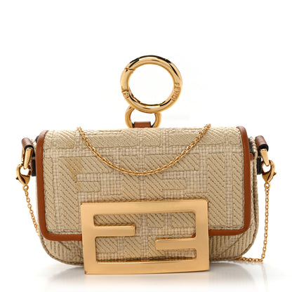 Fendi Raffia Vitello King Lucido FF Embroidered Nano Maxi Buckle Baguette Charm Alchemy Brandy 1 of 12