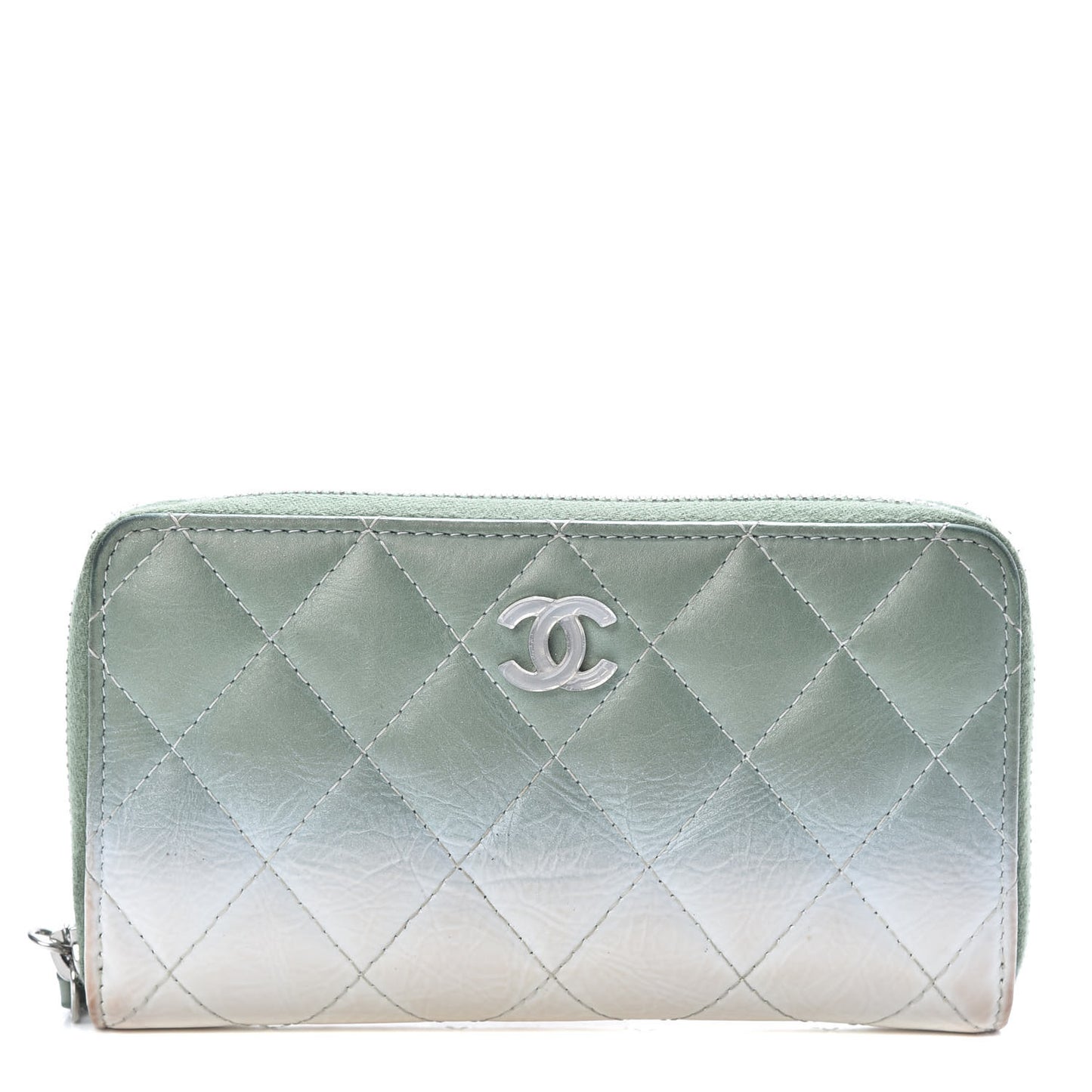 Faded Patent Calfskin Quilted Small Zip Around Wallet Green