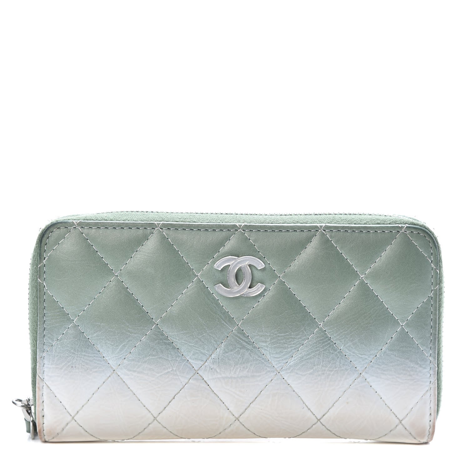 Chanel Faded Patent Calfskin Quilted Small Zip Around Wallet Green 1 of 13