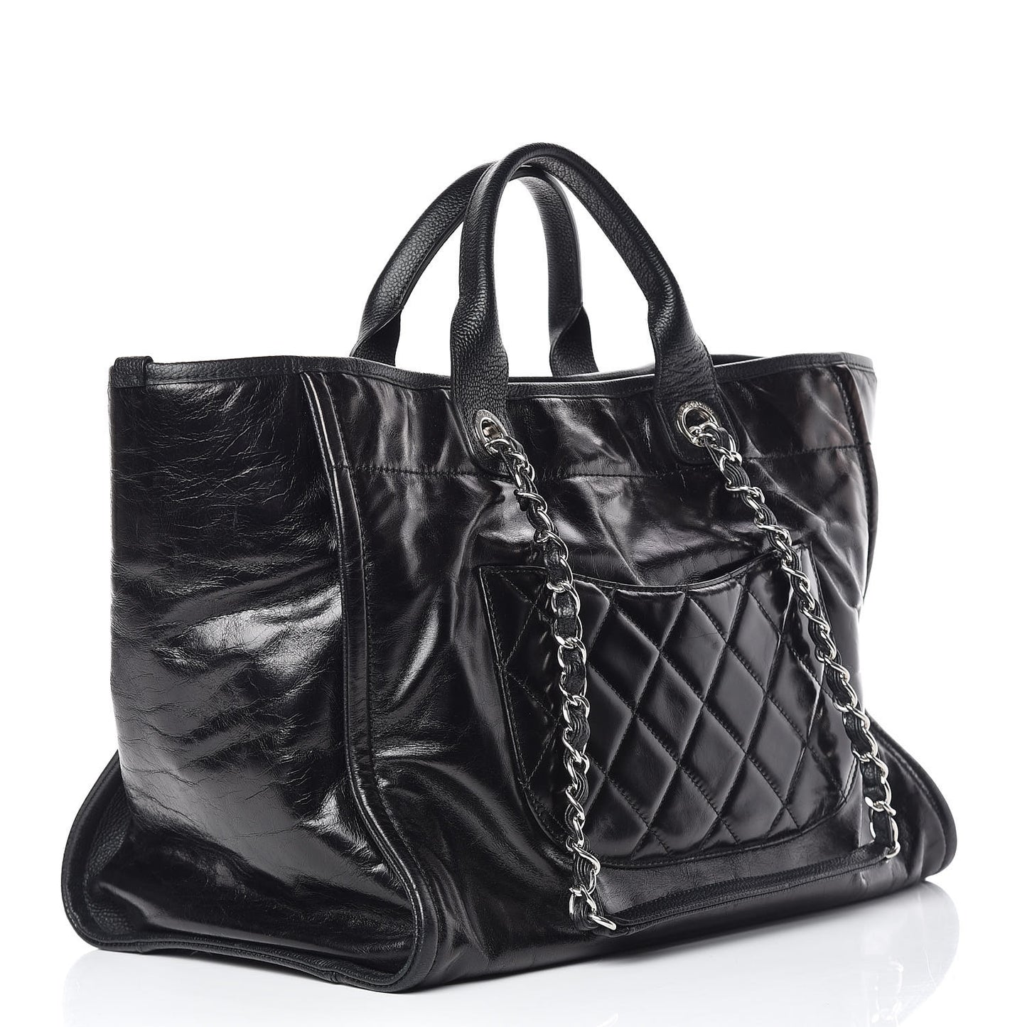 Glazed Calfskin Large Deauville Tote Black