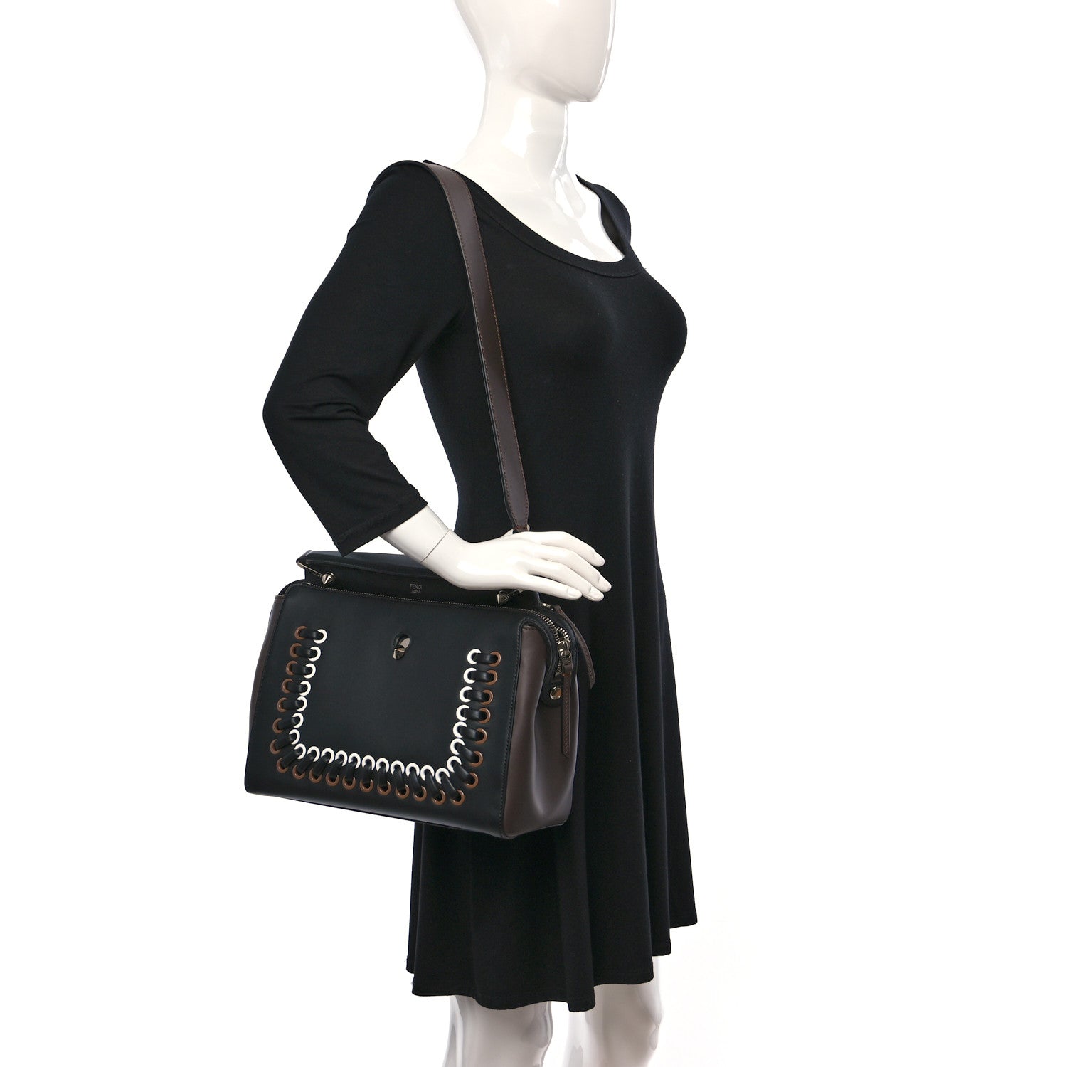 Fendi Vitello Baltico Shiny Nappa Lace Up DotCom Satchel Black 2 of 13