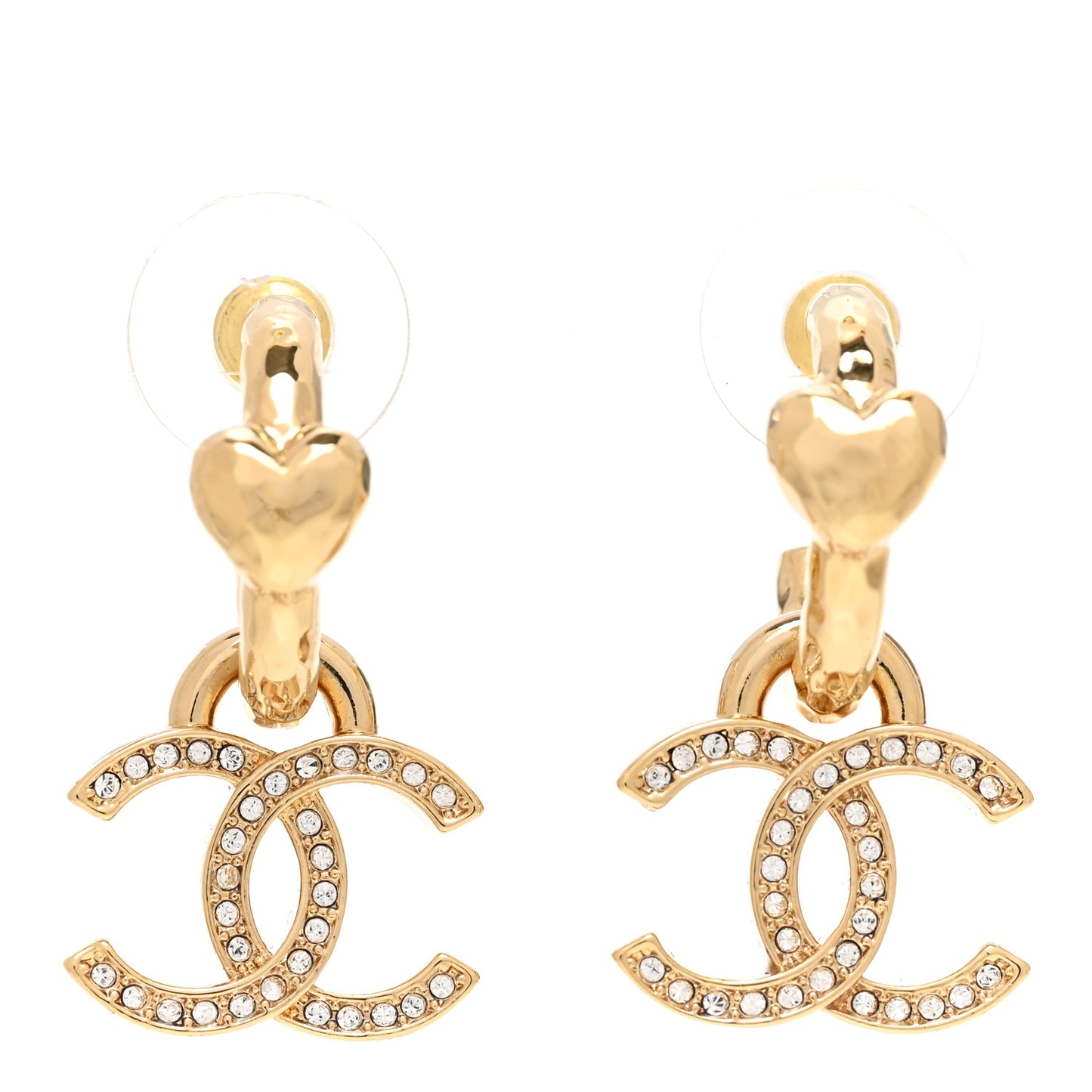 Metal Crystal CC Heart Drop Hoop Earrings Gold