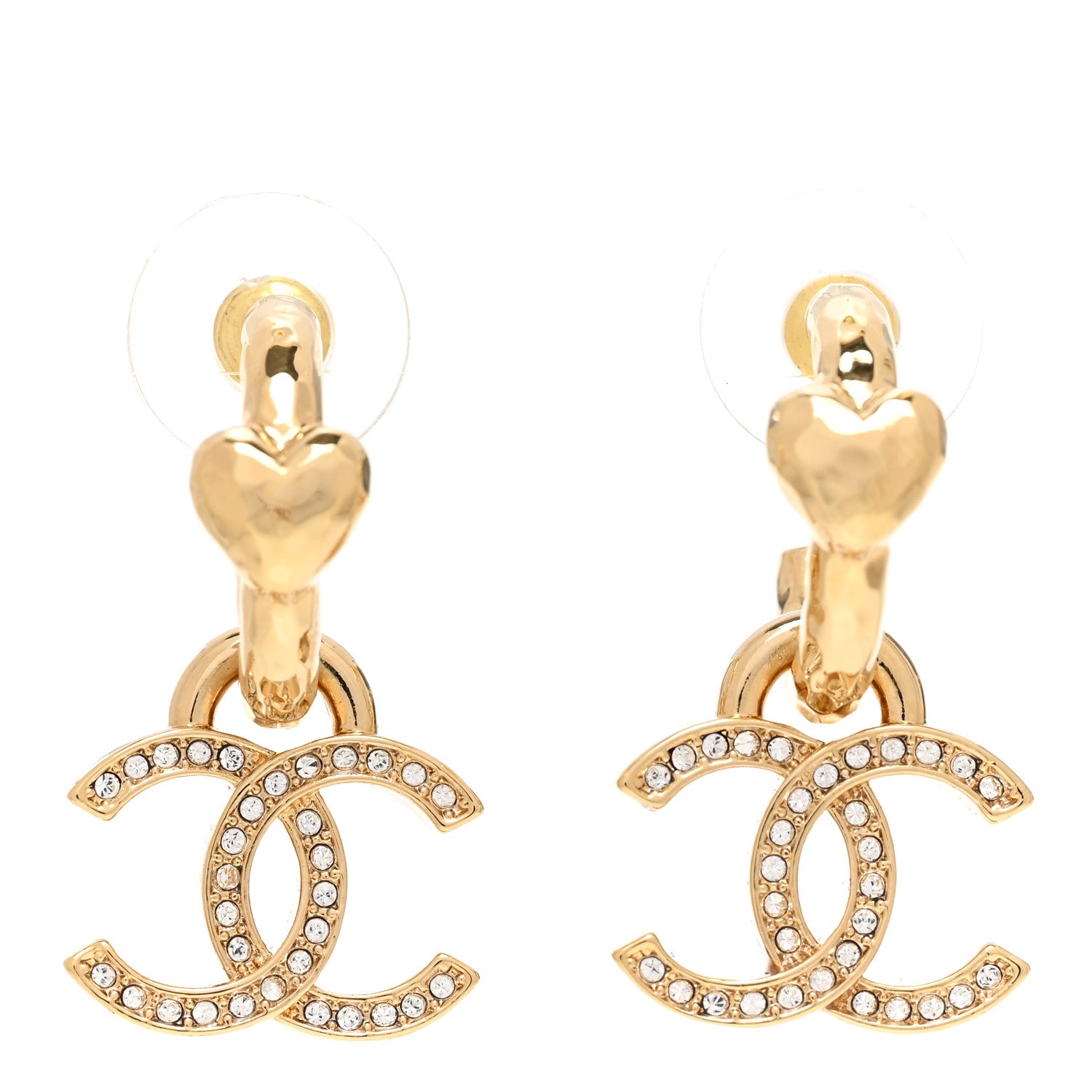 Chanel Metal Crystal CC Heart Drop Hoop Earrings Gold 1 of 5