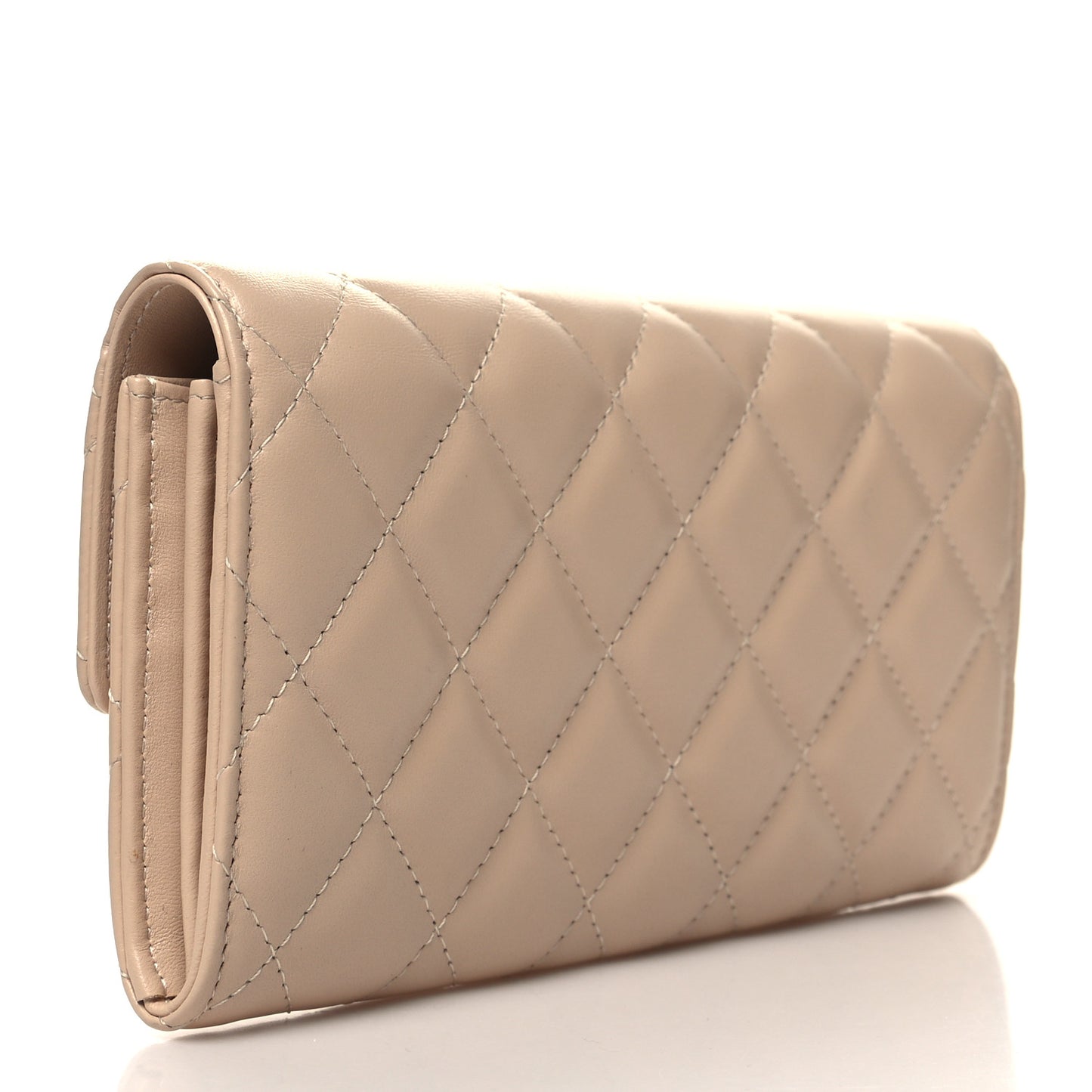 Lambskin Quilted CC Large Gusset Flap Wallet Beige