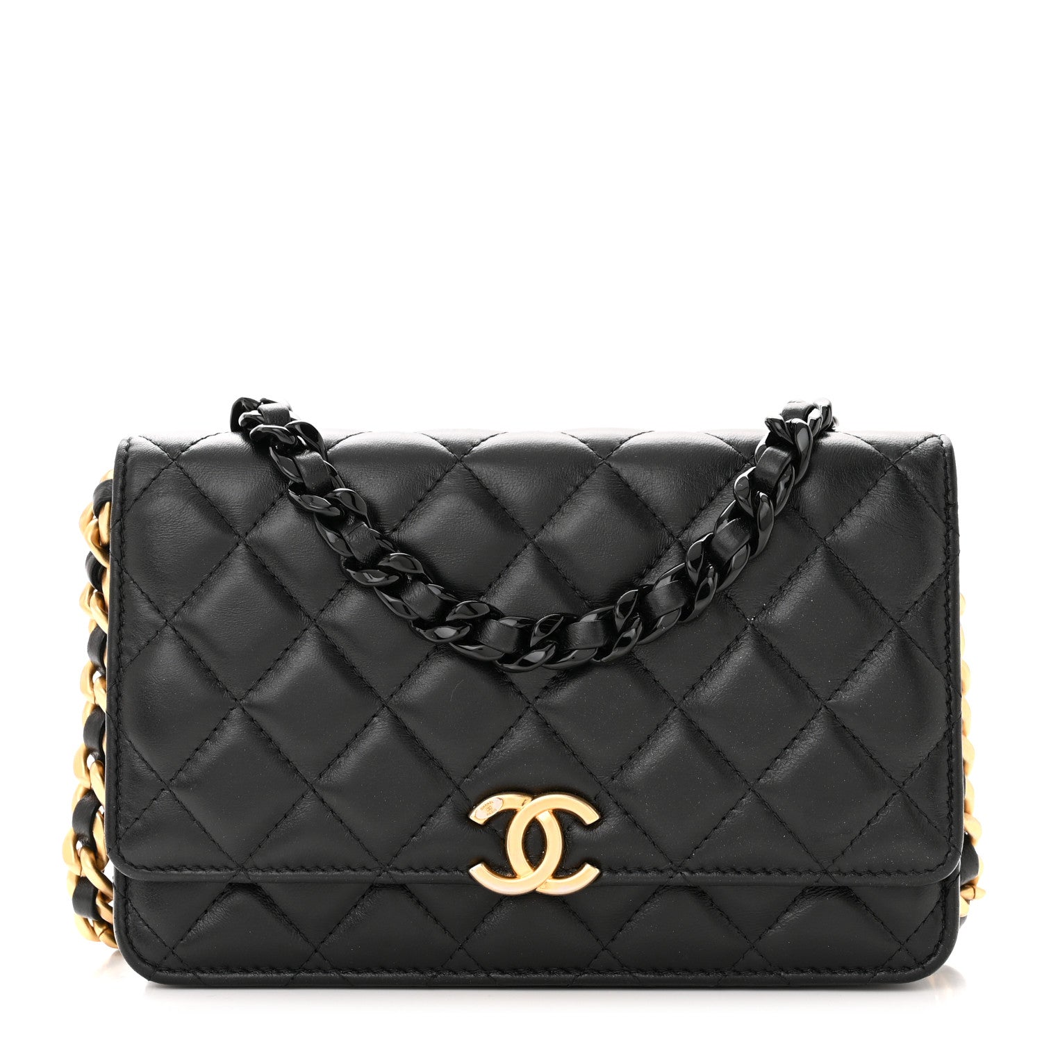 Chanel Lambskin Resin Quilted Wallet On Chain WOC Black 1 of 12
