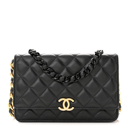 Chanel Lambskin Resin Quilted Wallet On Chain WOC Black 1 of 12