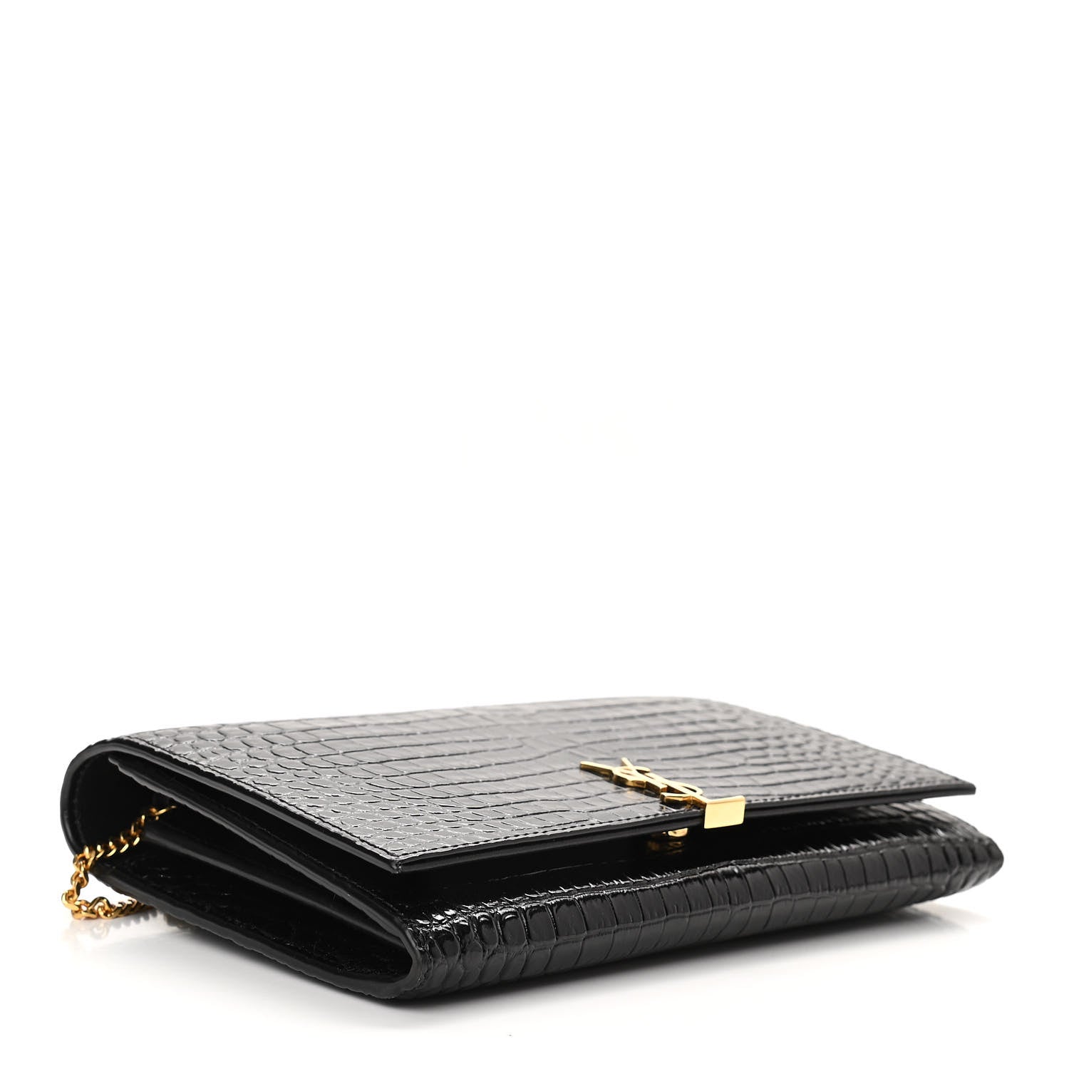 Saint Laurent Calfskin Crocodile Embossed Monogram Chain Wallet Black 4 of 10