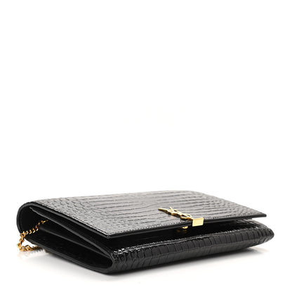 Saint Laurent Calfskin Crocodile Embossed Monogram Chain Wallet Black 4 of 10