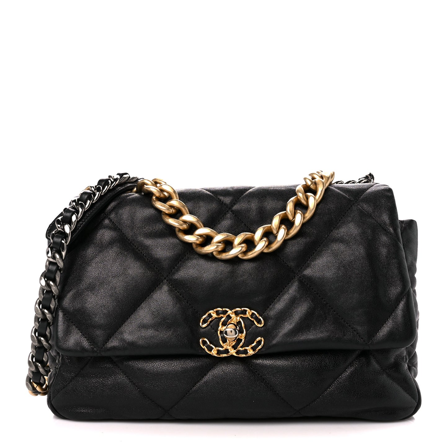Shiny Goatskin Quilted Large Chanel 19 Flap Black