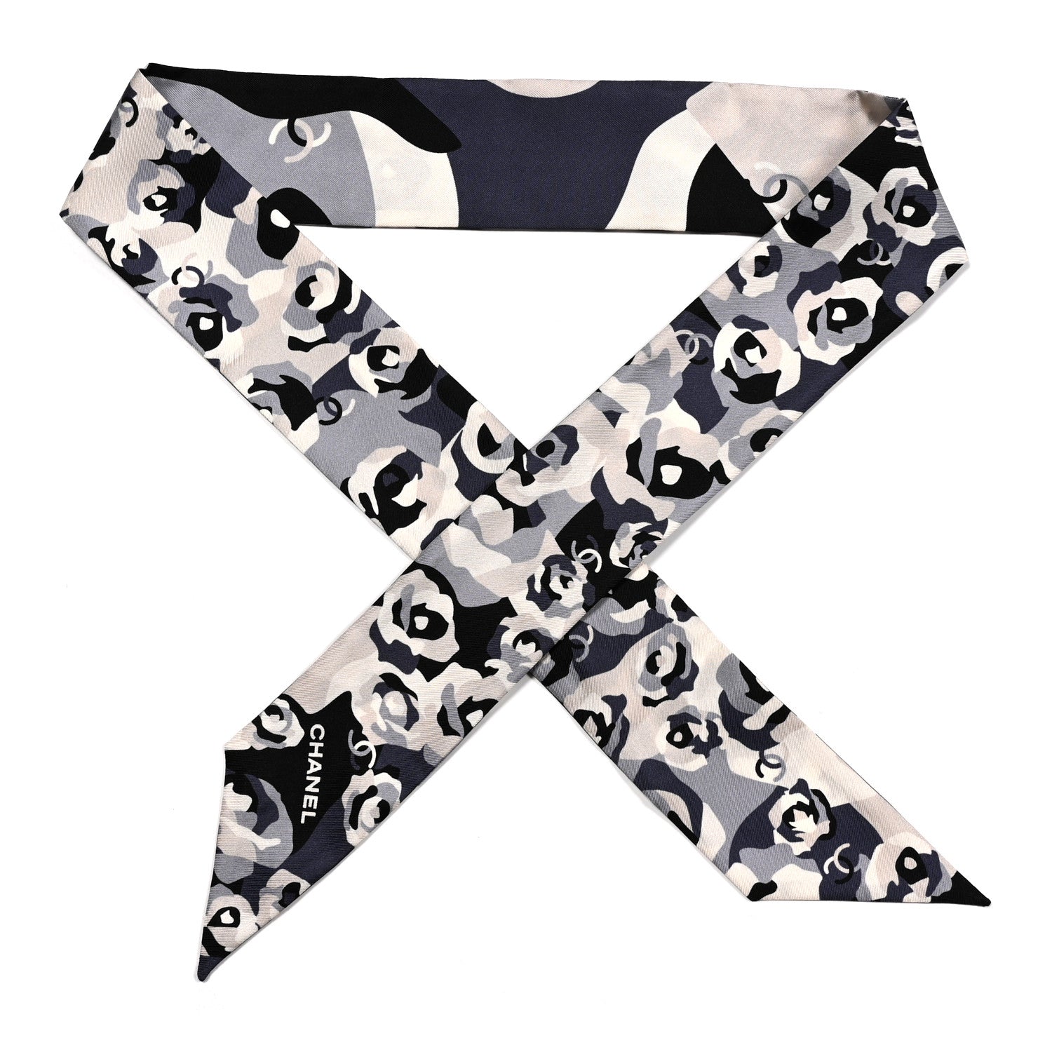 Chanel Silk CC Slim Bandeau Scarf Grey Blue Black 1880355
