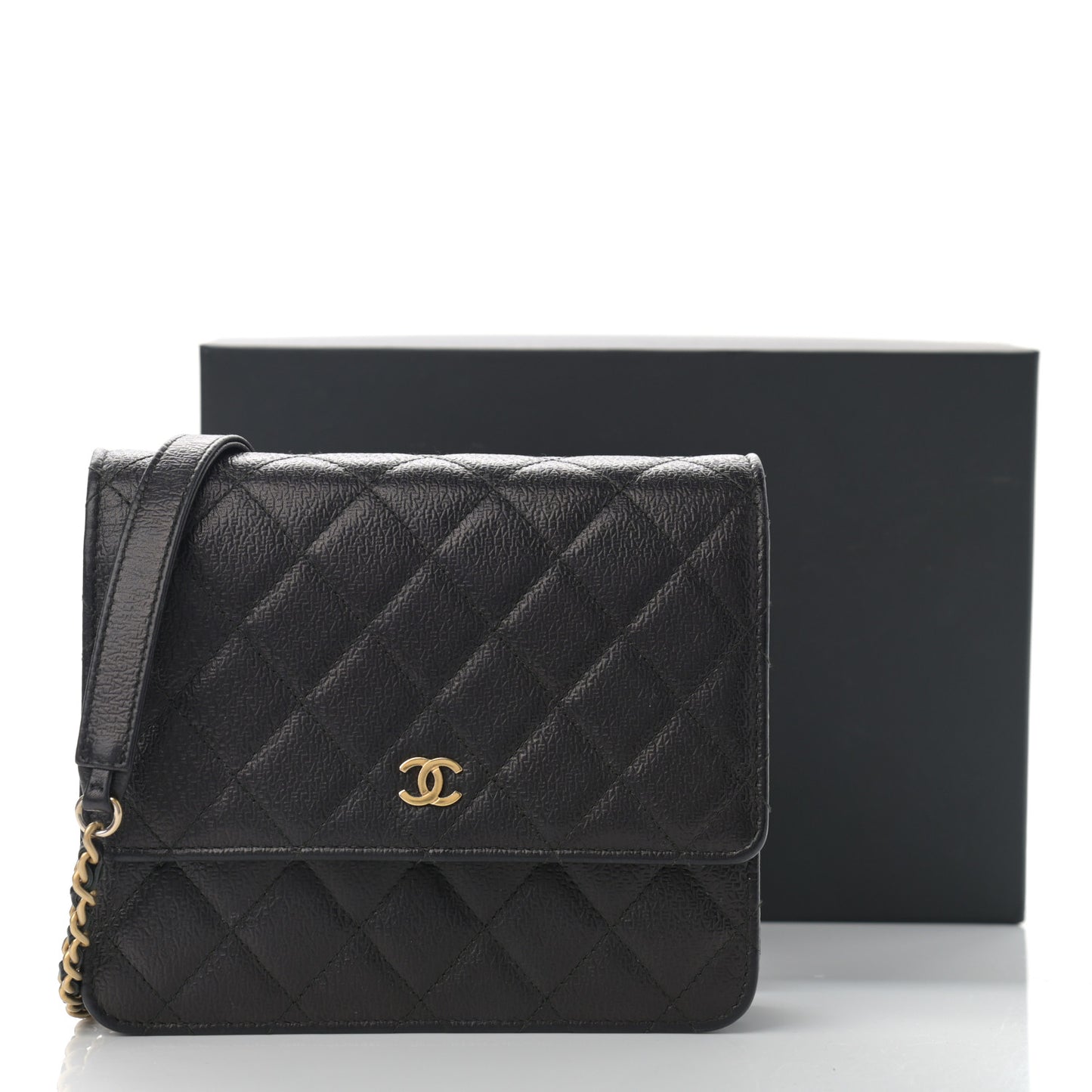 Letter Calfskin Embossed Quilted Square Wallet On Chain WOC Black